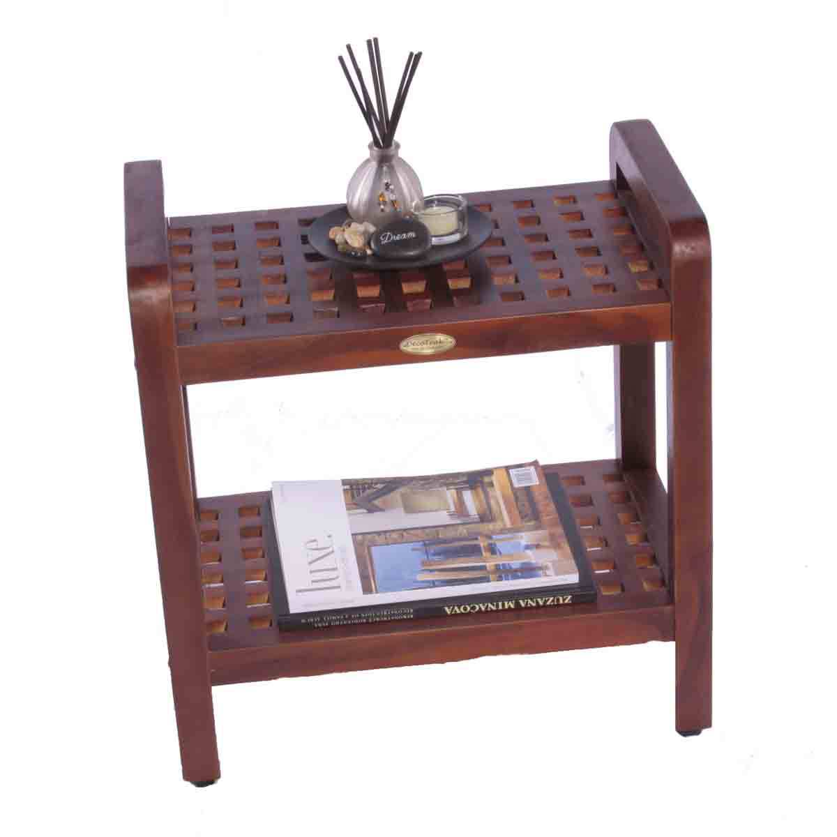 DT112 18" Teak Shower Stool with Shelf and Lift Aide Arms