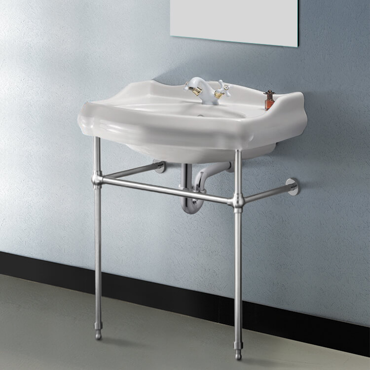 Nameeks 030200-CON-One-Hole CeraStyle Traditional Ceramic Console Sink With Chrome Stand - White