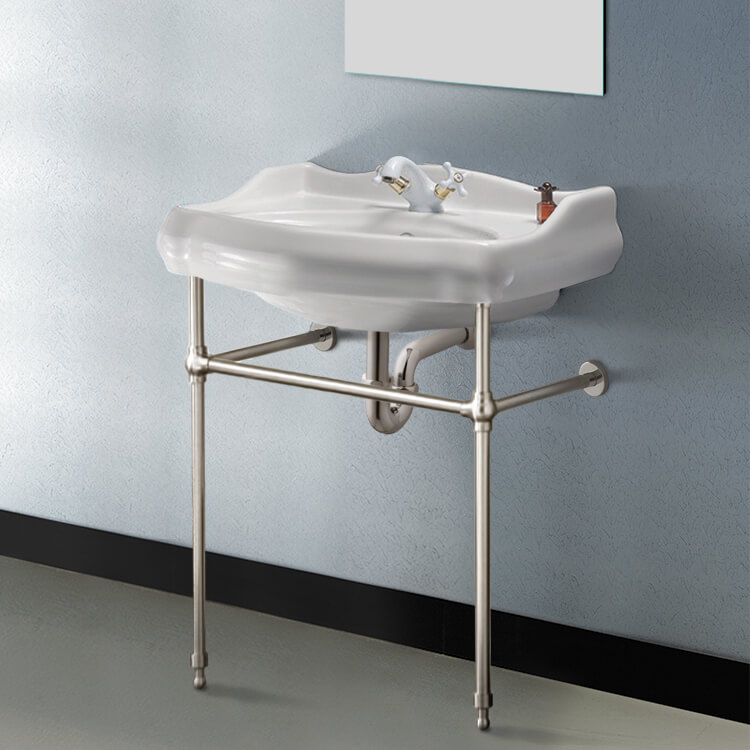 Nameeks 030200-CON-SN-One-Hole CeraStyle Traditional Ceramic Console Sink With Satin Nickel Stand - White
