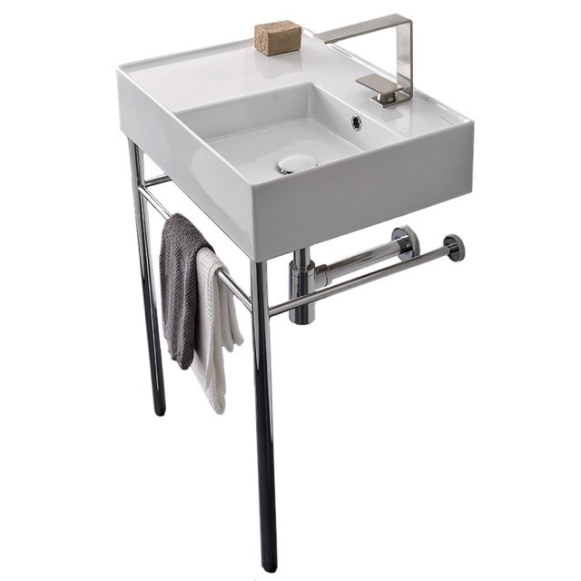Nameeks 5117-CON-No-Hole Scarabeo Rectangular Ceramic Console Sink and Polished Chrome Stand - White
