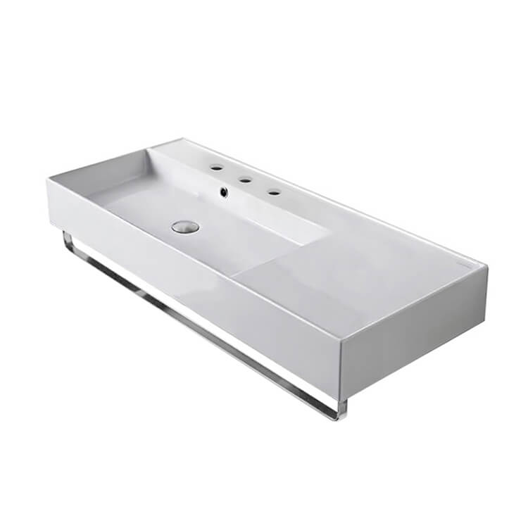 Nameeks 5119-TB-Three-Hole Scarabeo Rectangular Ceramic Wall Mounted Sink With Counter Space, Towel Bar Included - White