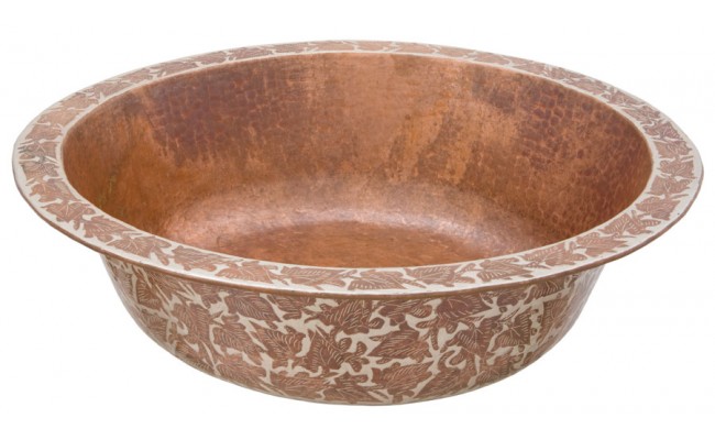 Thompson Traders 2PSLP Florence Round Flat Bottom Hand Crafted Fired Copper Bath Sink with Silver Leaf Pattern