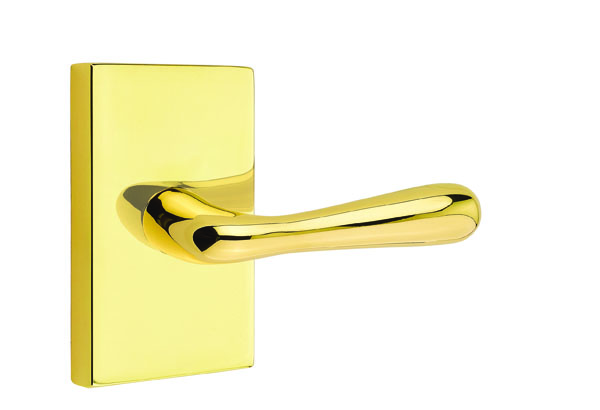 Emtek 5052BAUS3NL Dummy, Pair. Modern Rectangular Rosette. Basel Lever. Unlacquered Brass