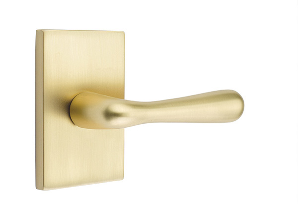 Emtek 5052BAUS4 Dummy, Pair. Modern Rectangular Rosette. Basel Lever. Satin Brass