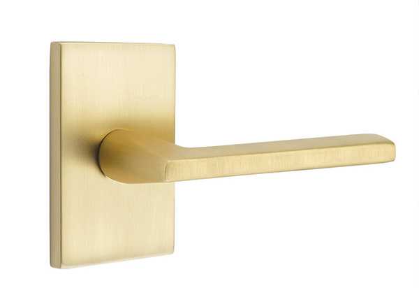 Emtek 5052HLOUS4 Dummy, Pair. Modern Rectangular Rosette. Helios Lever. Satin Brass