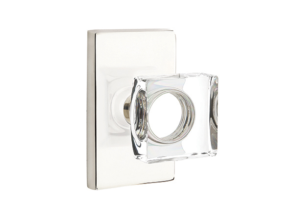 Emtek 5052MSCUS14 Dummy, Pair. Modern Rectangular Rosette. Modern Square Knob. Polished Nickel-Lifetime