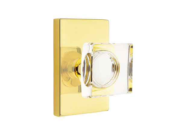 Emtek 5052MSCUS3NL Dummy, Pair. Modern Rectangular Rosette. Modern Square Knob. Unlacquered Brass