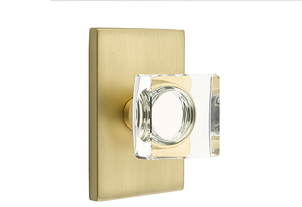 Emtek 5052MSCUS4 Dummy, Pair. Modern Rectangular Rosette. Modern Square Knob. Satin Brass