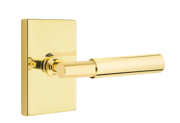 Emtek 5052MYLUS3NL Dummy, Pair. Modern Rectangular Rosette. Myles Lever. Unlacquered Brass