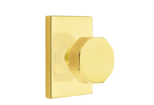 Emtek 5052OCTUS3NL Dummy, Pair. Modern Rectangular Rosette. Octagon Knob. Unlacquered Brass