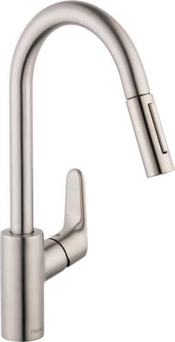 Hansgrohe 04505800 Focus HighArc Kitchen Faucet, 2-Spray Pull-Down, 1.75 GPM in Steel Optic - Click Image to Close