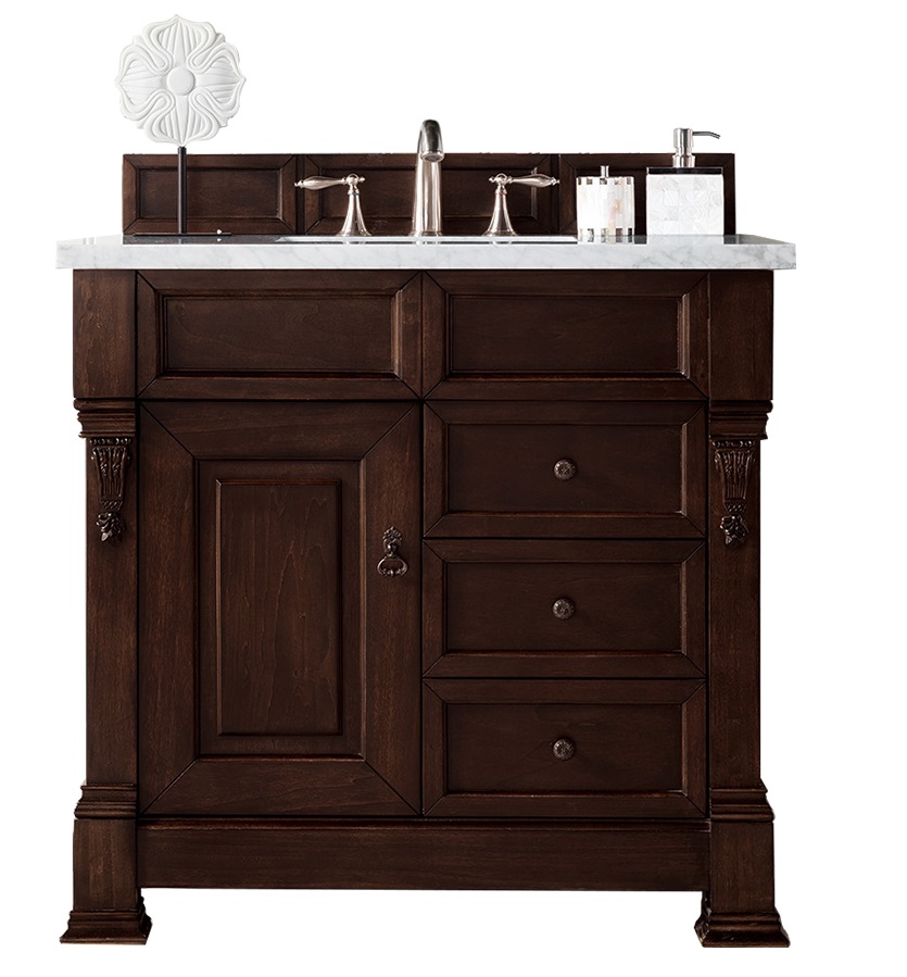 James Martin 147-114-5566-3AF Brookfield 36" Burnished Mahogany Single Vanity w/ 3 CM Arctic Fall Solid Surface Top