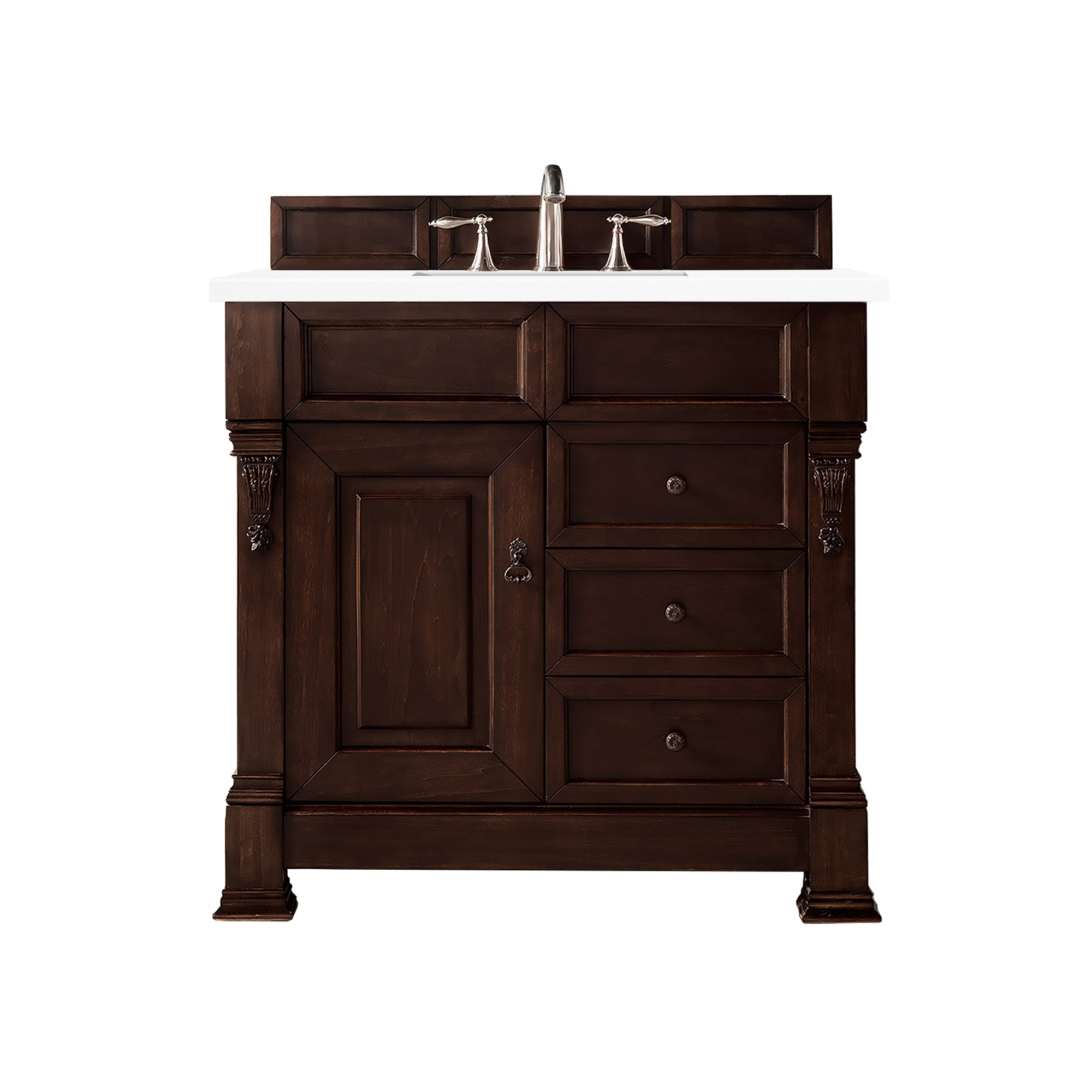 James Martin 147-114-5566-3CLW Brookfield 36" Burnished Mahogany Single Vanity w/ 3 CM Classic White Quartz Top