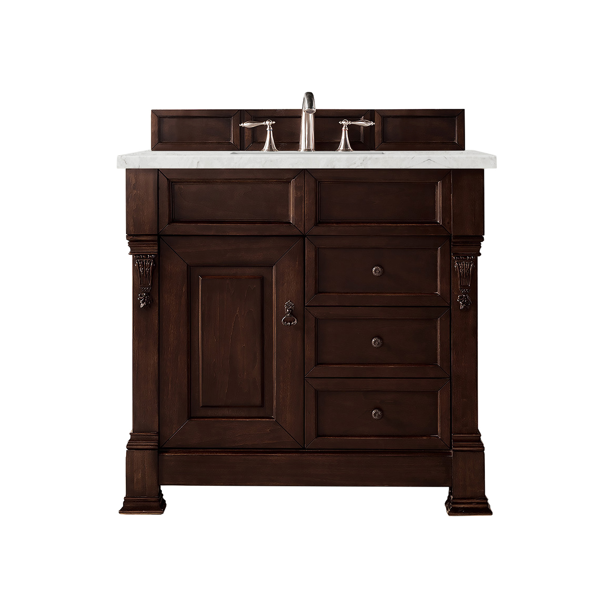 James Martin 147-114-5566-3EJP Brookfield 36" Burnished Mahogany Single Vanity w/ 3 CM Eternal Jasmine Pearl Quartz Top