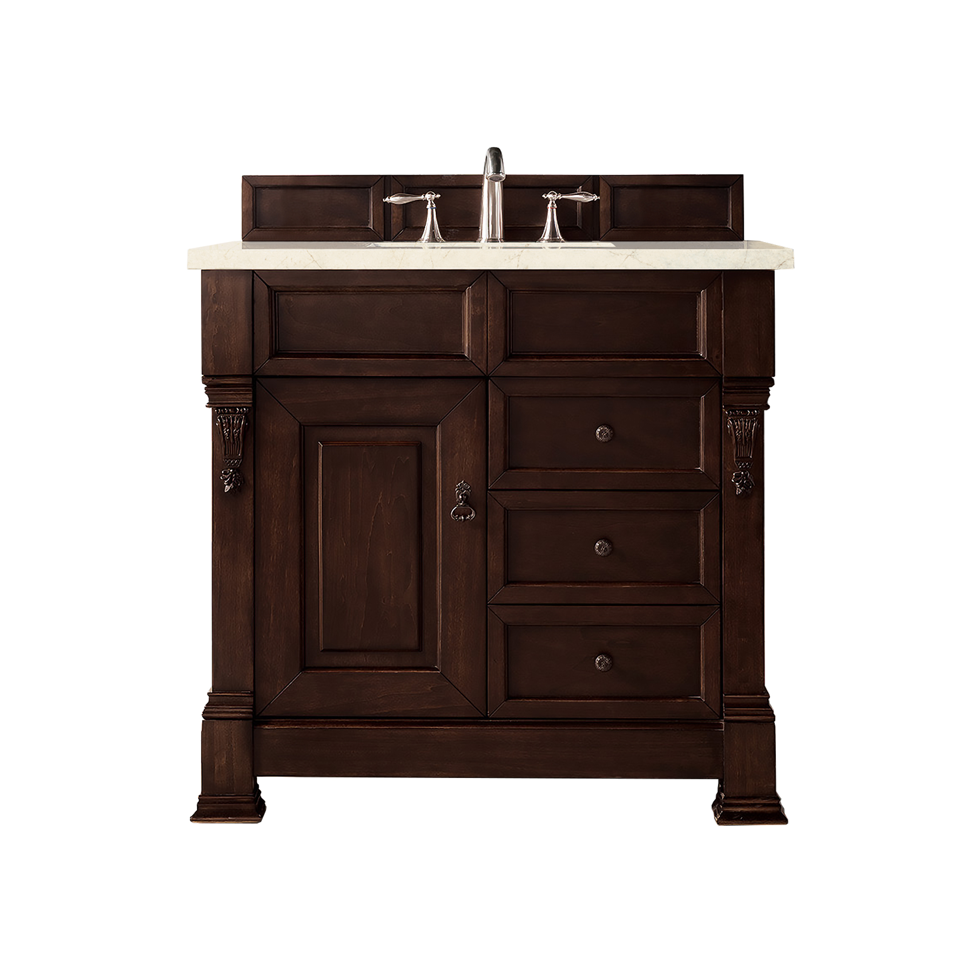 James Martin 147-114-5566-3EMR Brookfield 36" Burnished Mahogany Single Vanity w/ 3 CM Eternal Marfil Quartz Top