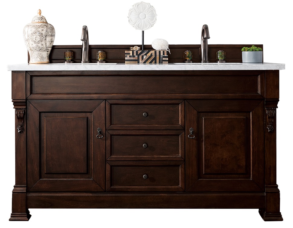 James Martin 147-114-5661-3AF Brookfield 60" Burnished Mahogany Double Vanity w/ 3 CM Arctic Fall Solid Surface Top