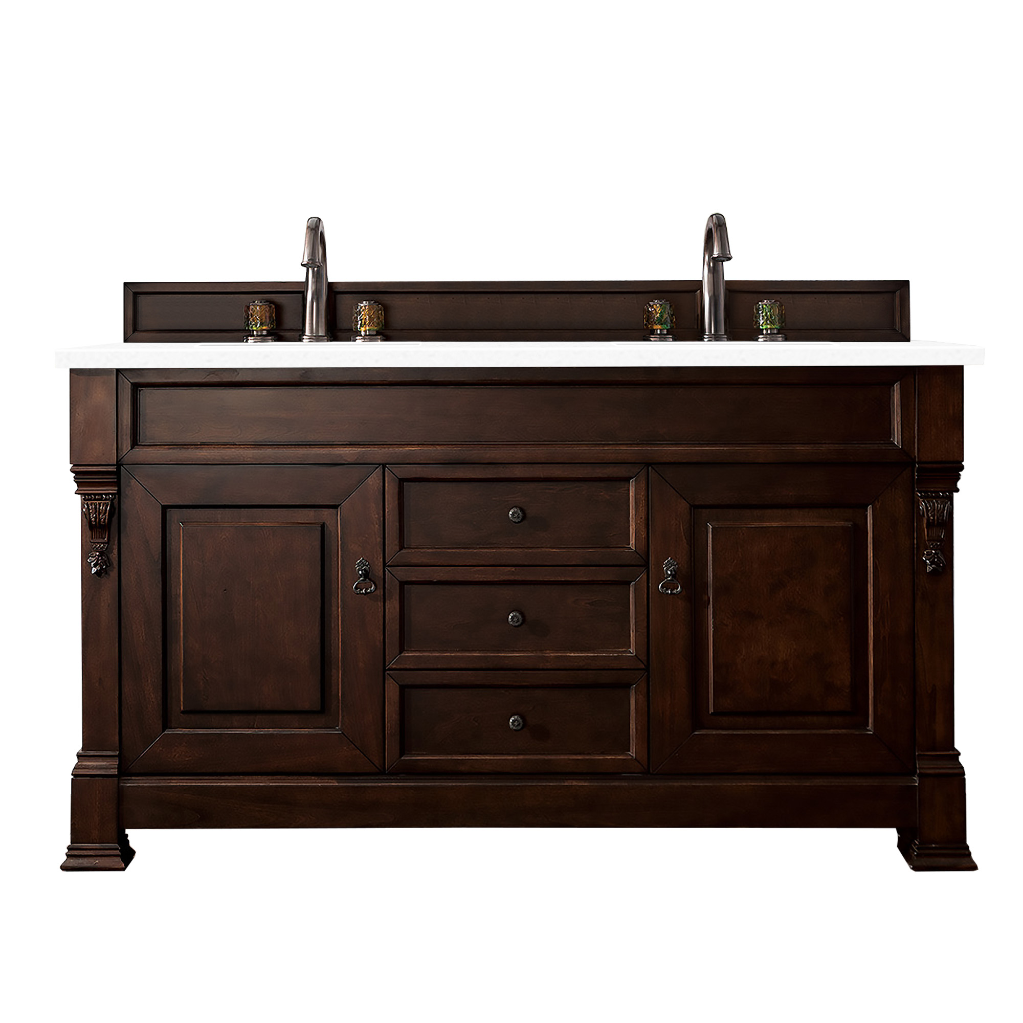 James Martin 147-114-5661-3CLW Brookfield 60" Burnished Mahogany Double Vanity w/ 3 CM Classic White Quartz Top