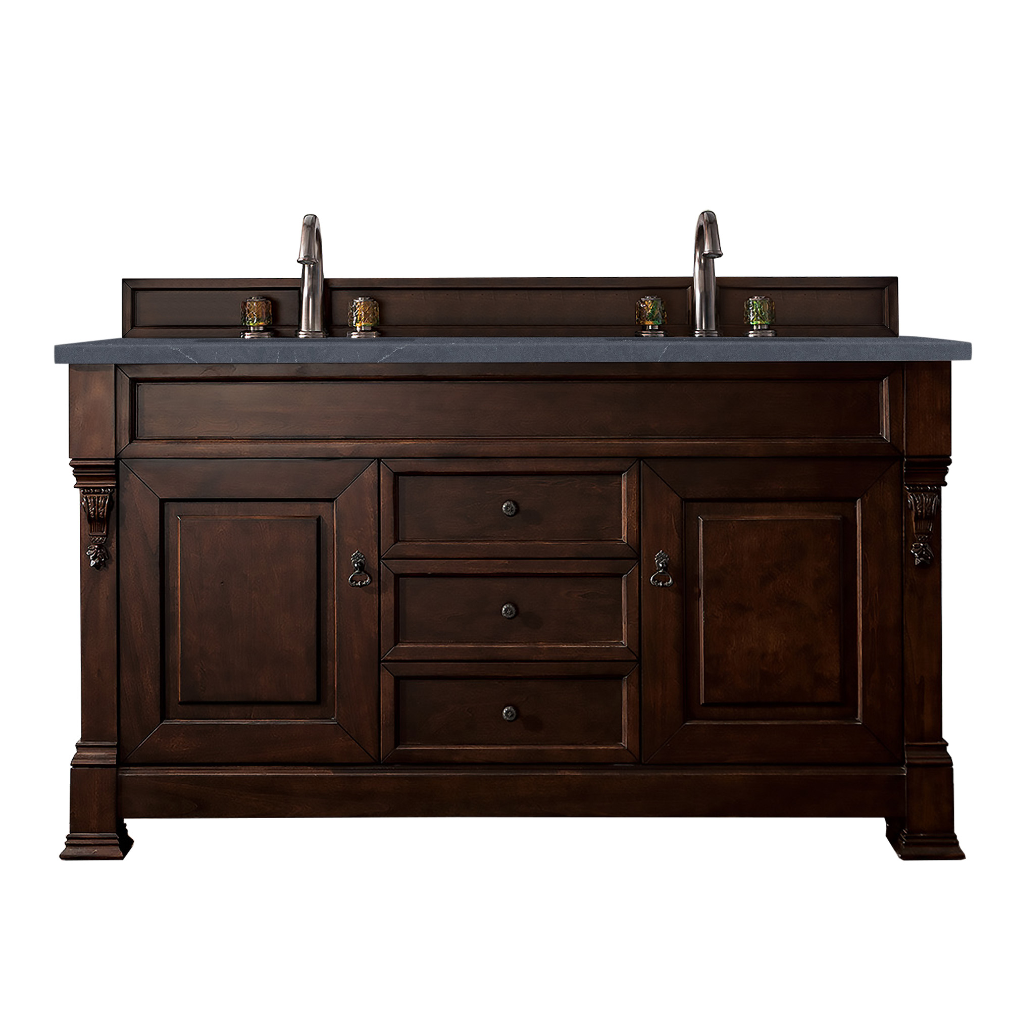 James Martin 147-114-5661-3CSP Brookfield 60" Burnished Mahogany Double Vanity w/ 3 CM Charcoal Soapstone Quartz Top