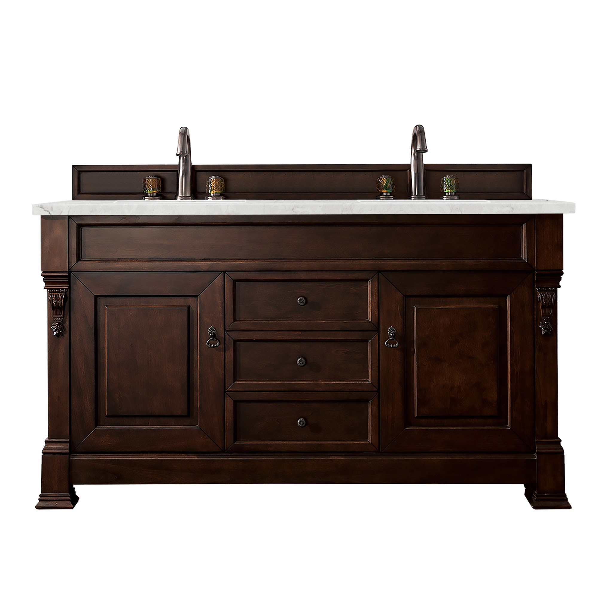 James Martin 147-114-5661-3EJP Brookfield 60" Burnished Mahogany Double Vanity w/ 3 CM Eternal Jasmine Pearl Quartz Top