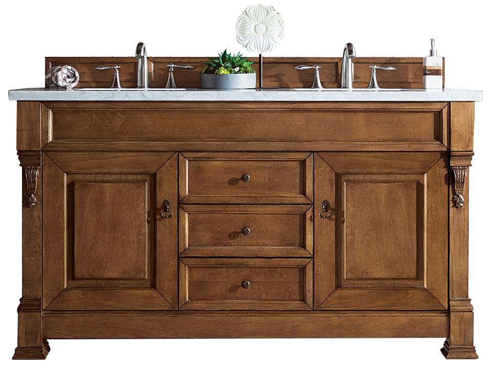 James Martin 147-114-5671-3AF Brookfield 60" Country Oak Double Vanity w/ 3 CM Arctic Fall Solid Surface Top