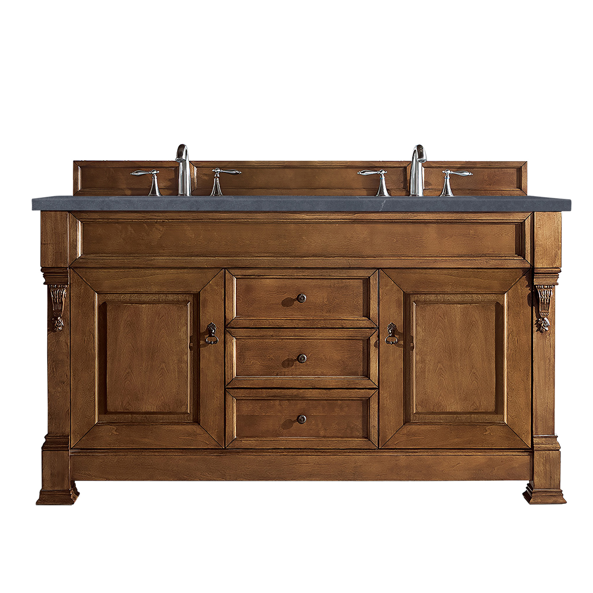 James Martin 147-114-5671-3CSP Brookfield 60" Country Oak Double Vanity w/ 3 CM Charcoal Soapstone Quartz Top