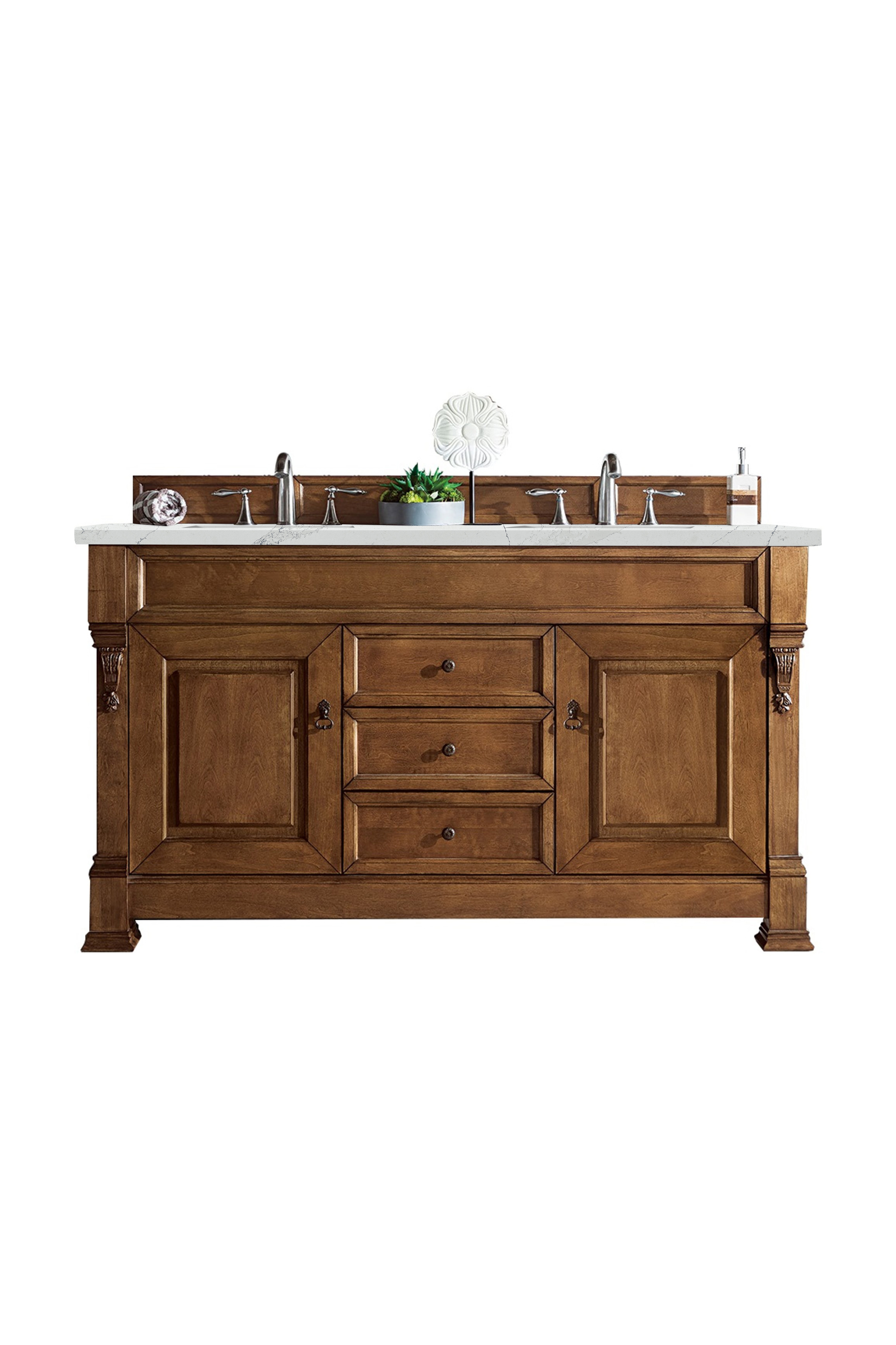 James Martin 147-114-5671-3ENC Brookfield 60" Country Oak Double Vanity w/ 3 CM Ethereal Noctis Quartz Top