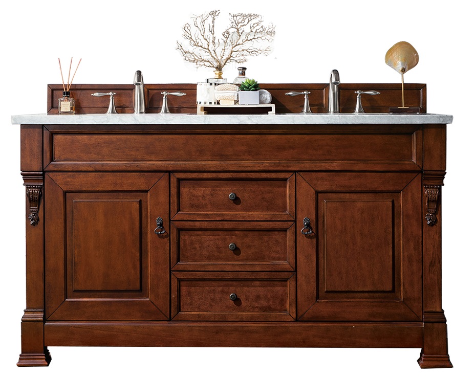 James Martin 147-114-5681-3AF Brookfield 60" Warm Cherry Double Vanity w/ 3 CM Arctic Fall Solid Surface Top