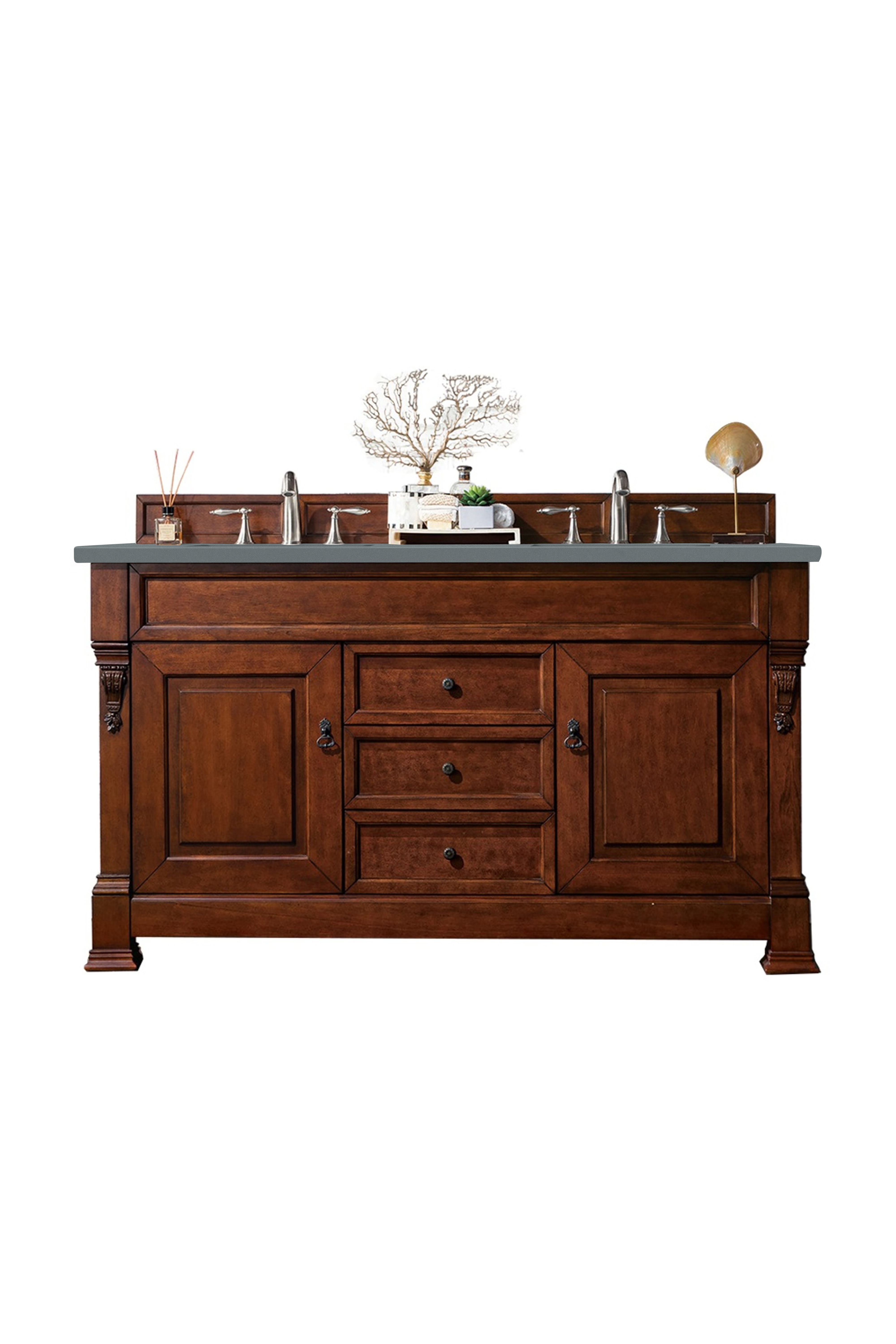 James Martin 147-114-5681-3CBL Brookfield 60" Warm Cherry Double Vanity w/ 3 CM Cala Blue Quartz Top