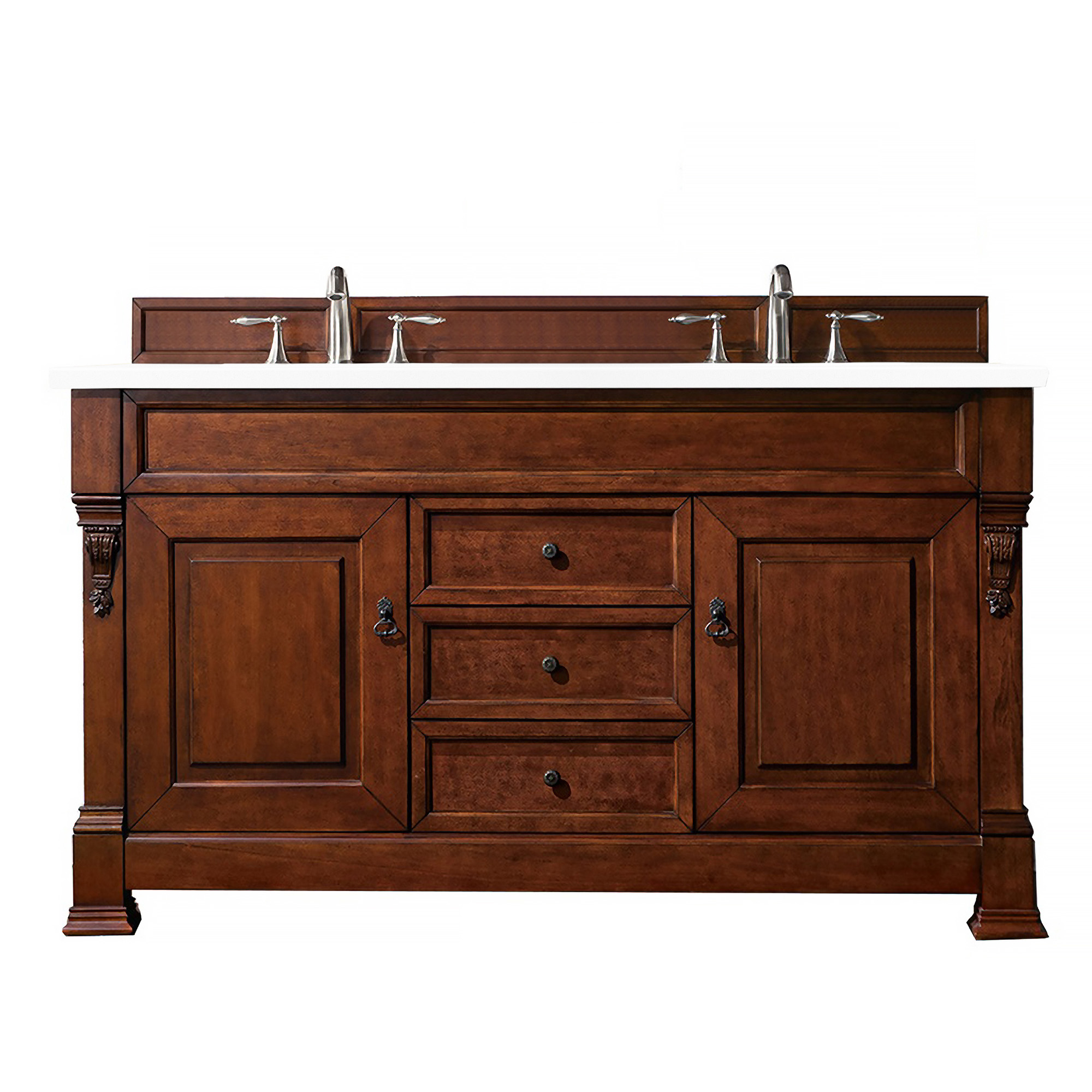 James Martin 147-114-5681-3CLW Brookfield 60" Warm Cherry Double Vanity w/ 3 CM Classic White Quartz Top