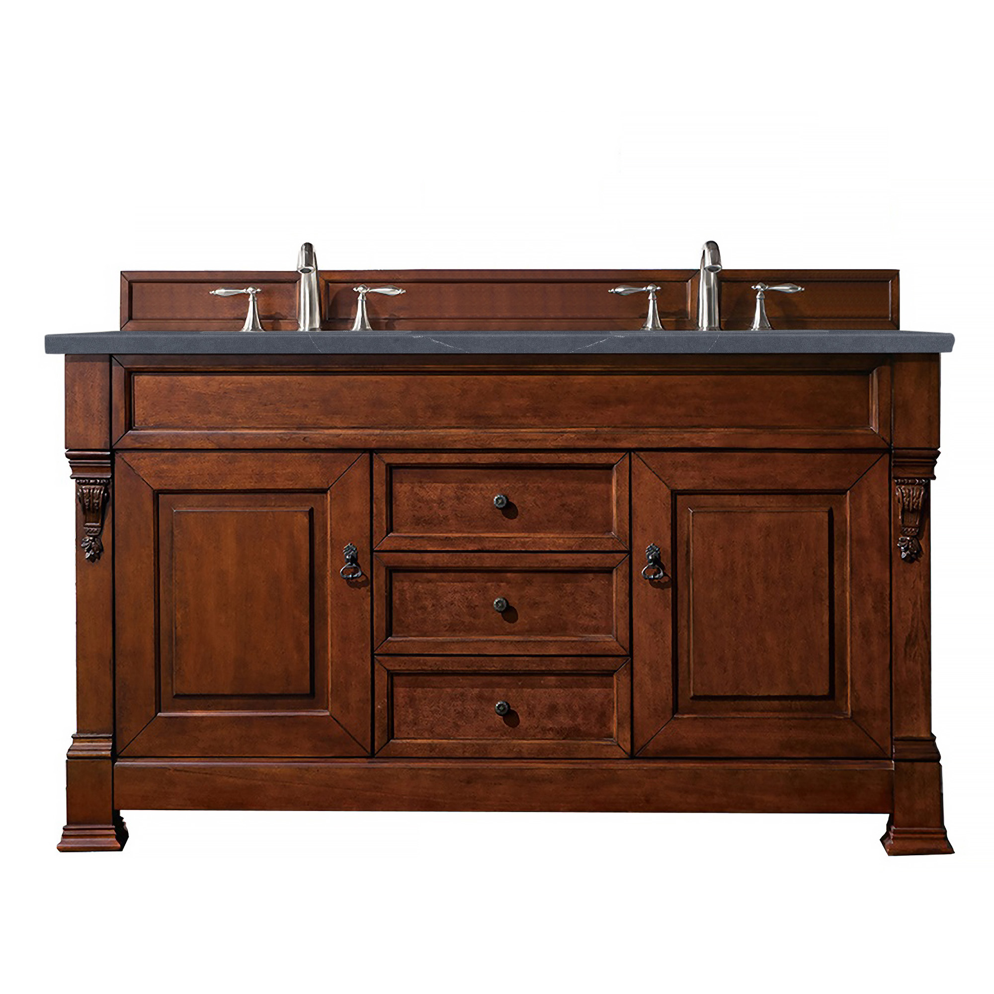 James Martin 147-114-5681-3CSP Brookfield 60" Warm Cherry Double Vanity w/ 3 CM Charcoal Soapstone Quartz Top