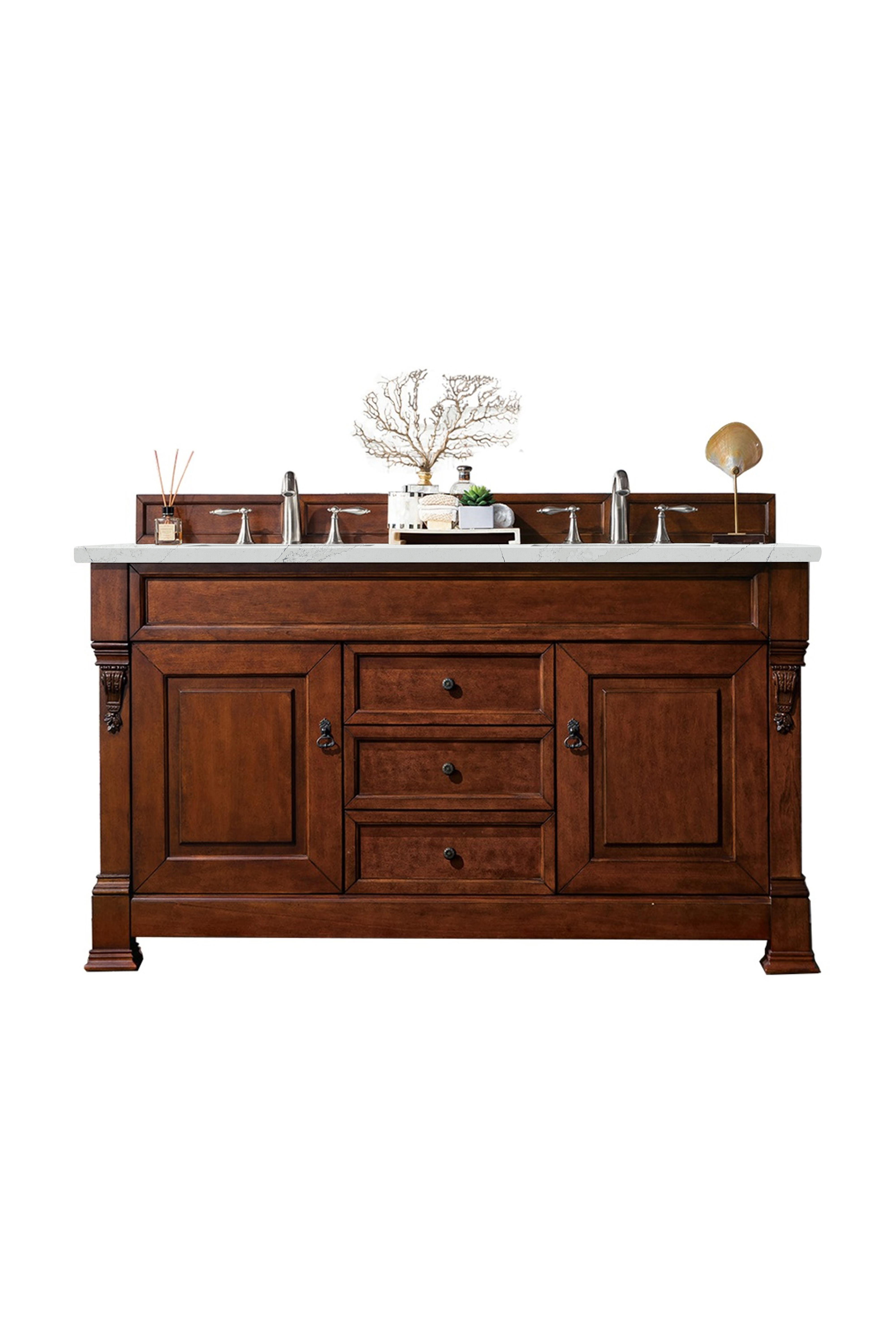 James Martin 147-114-5681-3ENC Brookfield 60" Warm Cherry Double Vanity w/ 3 CM Ethereal Noctis Quartz Top