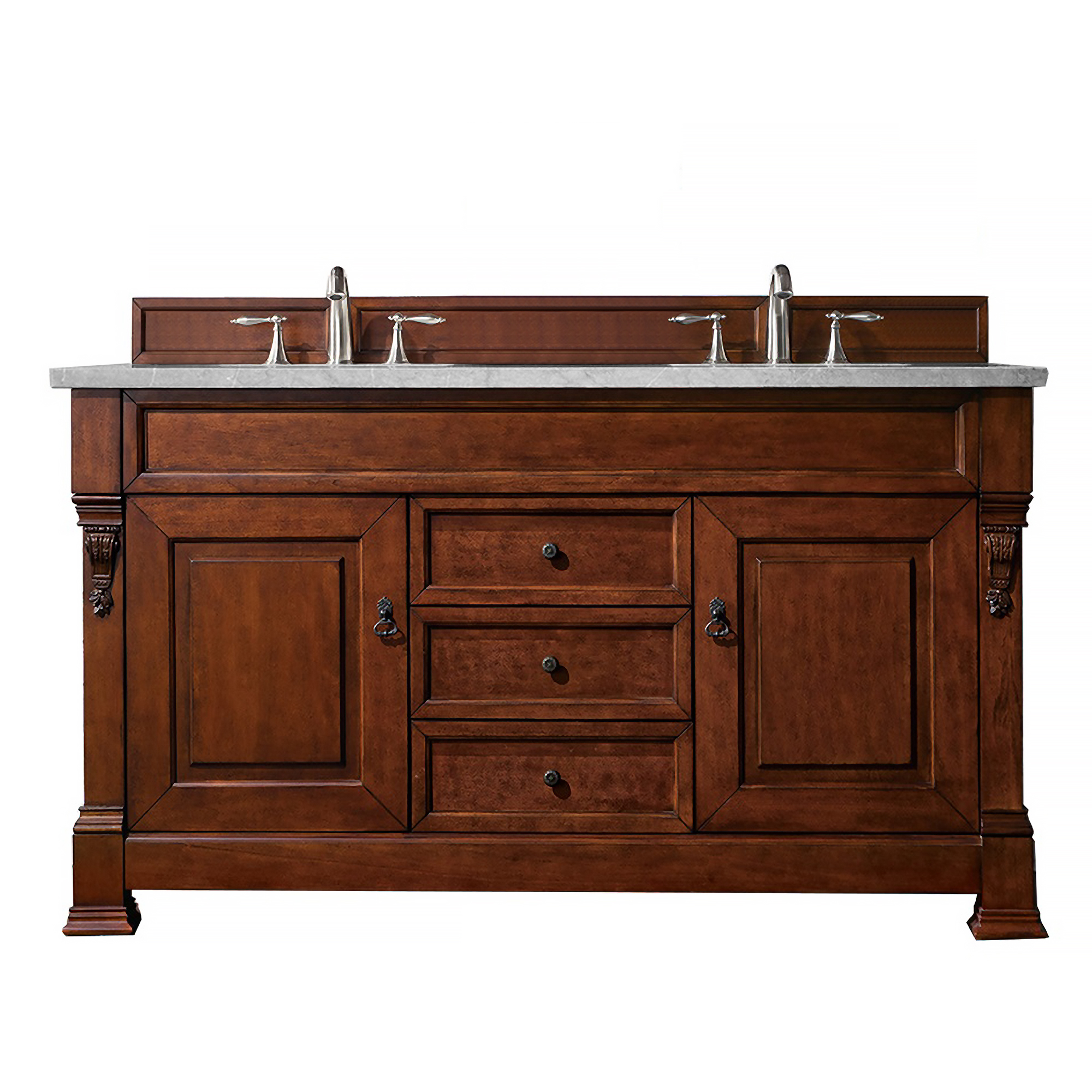 James Martin 147-114-5681-3ESR Brookfield 60" Warm Cherry Double Vanity w/ 3 CM Eternal Serena Quartz Top