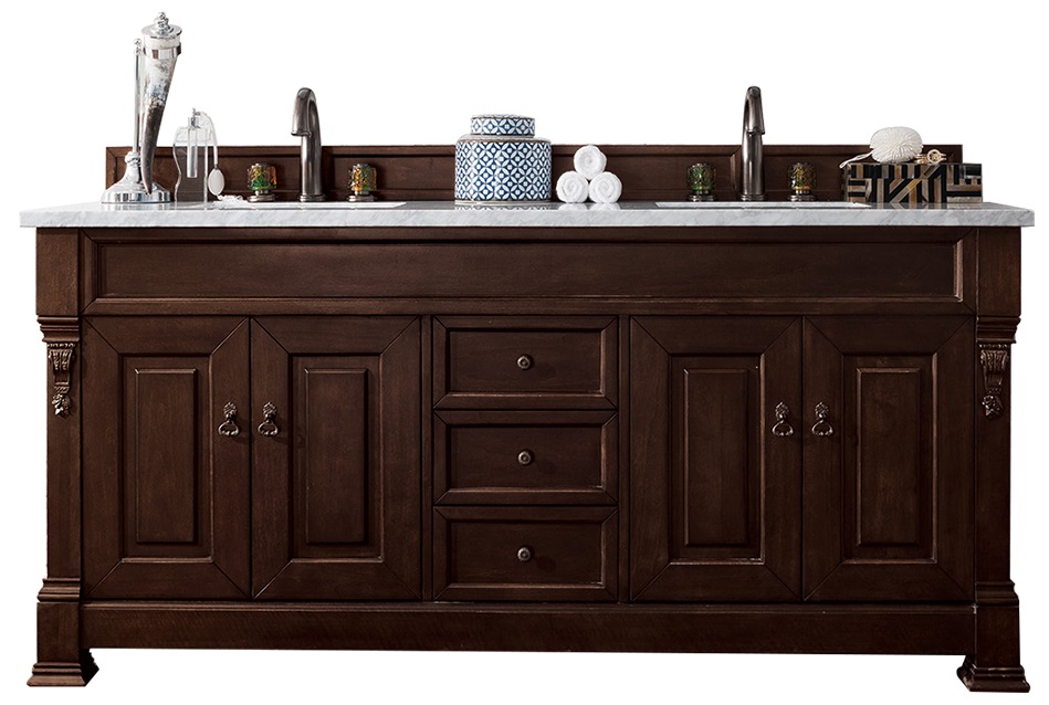 James Martin 147-114-5761-3AF Brookfield 72" Burnished Mahogany Double Vanity w/ 3 CM Arctic Fall Solid Surface Top