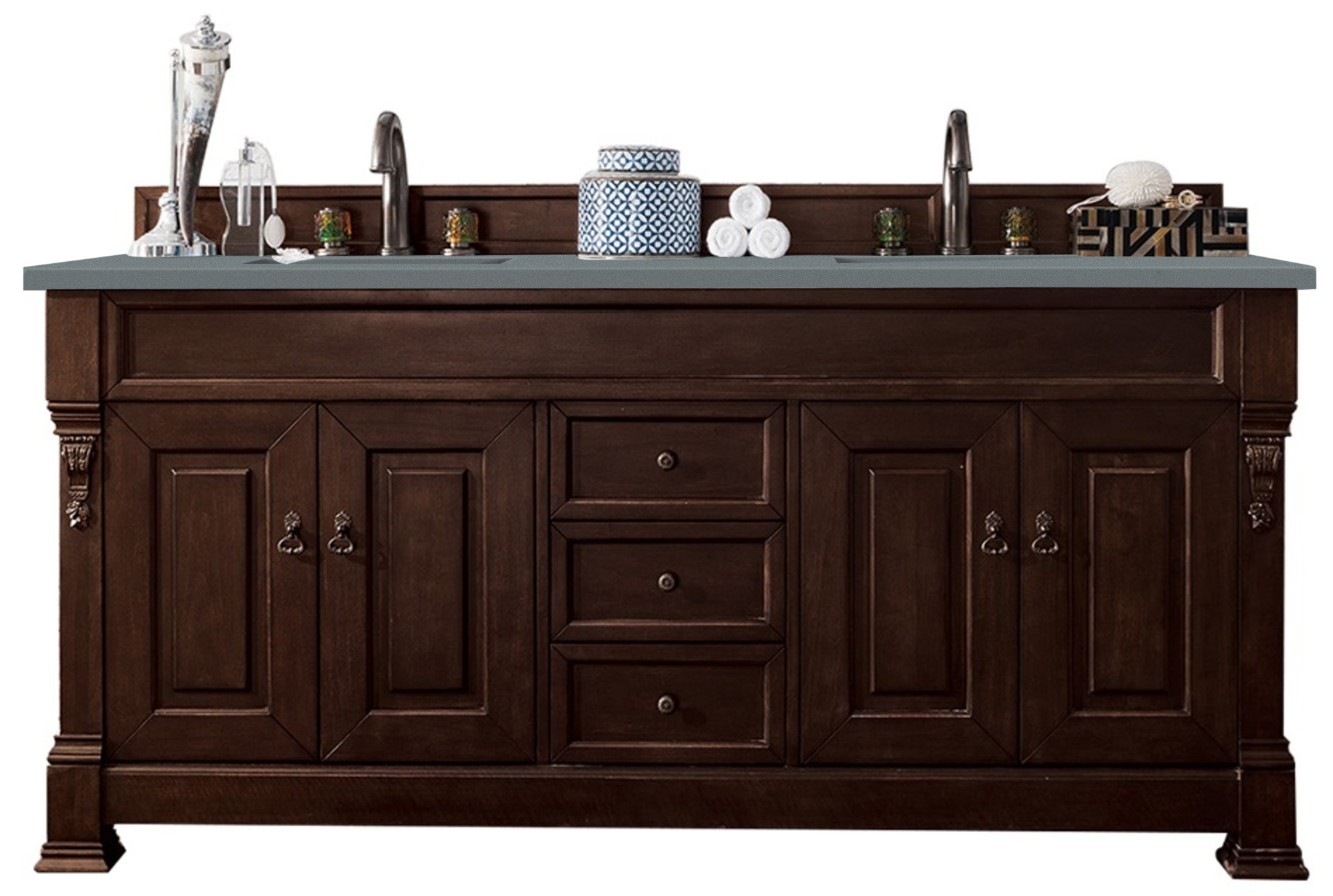 James Martin 147-114-5761-3CBL Brookfield 72" Burnished Mahogany Double Vanity w/ 3 CM Cala Blue Quartz Top