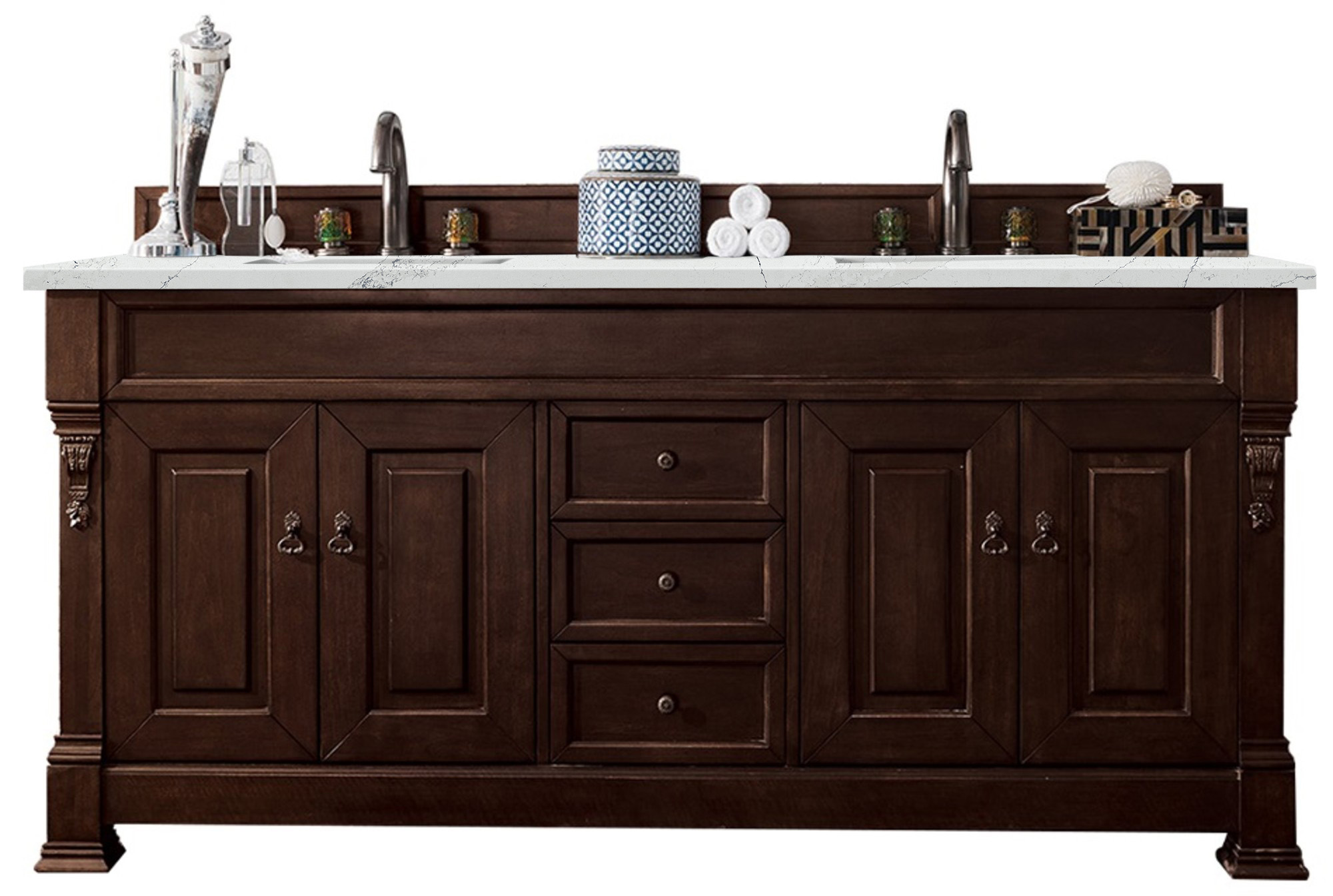 James Martin 147-114-5761-3ENC Brookfield 72" Burnished Mahogany Double Vanity w/ 3 CM Ethereal Noctis Quartz Top