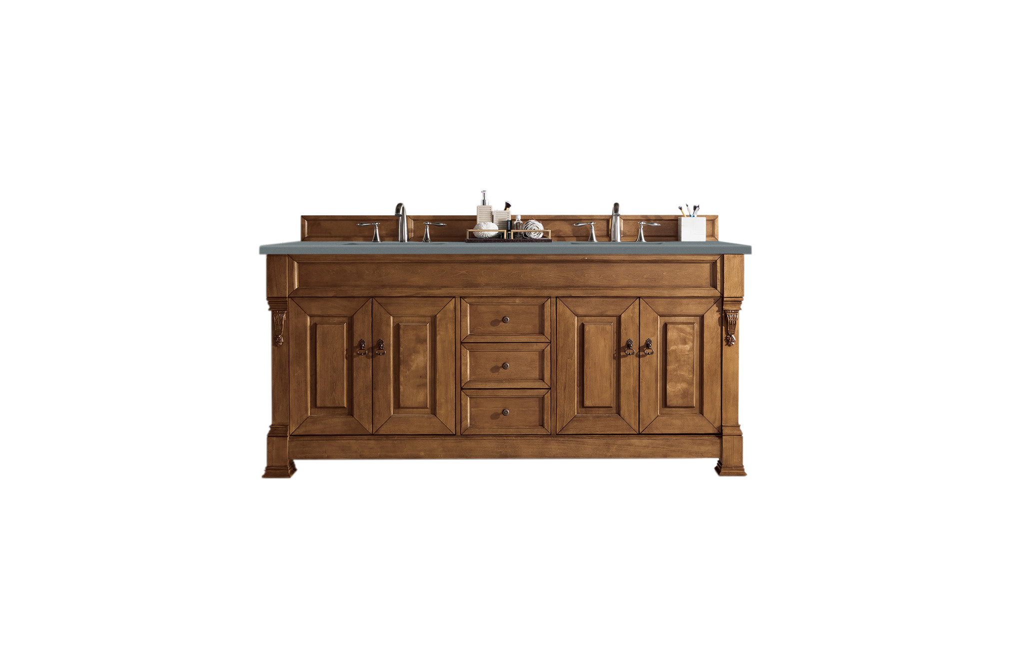 James Martin 147-114-5771-3CBL Brookfield 72" Country Oak Double Vanity w/ 3 CM Cala Blue Quartz Top