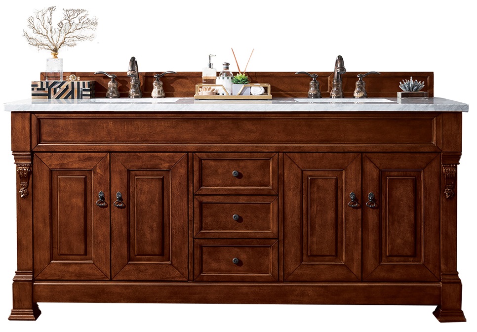 James Martin 147-114-5781-3AF Brookfield 72" Warm Cherry Double Vanity w/ 3 CM Arctic Fall Solid Surface Top