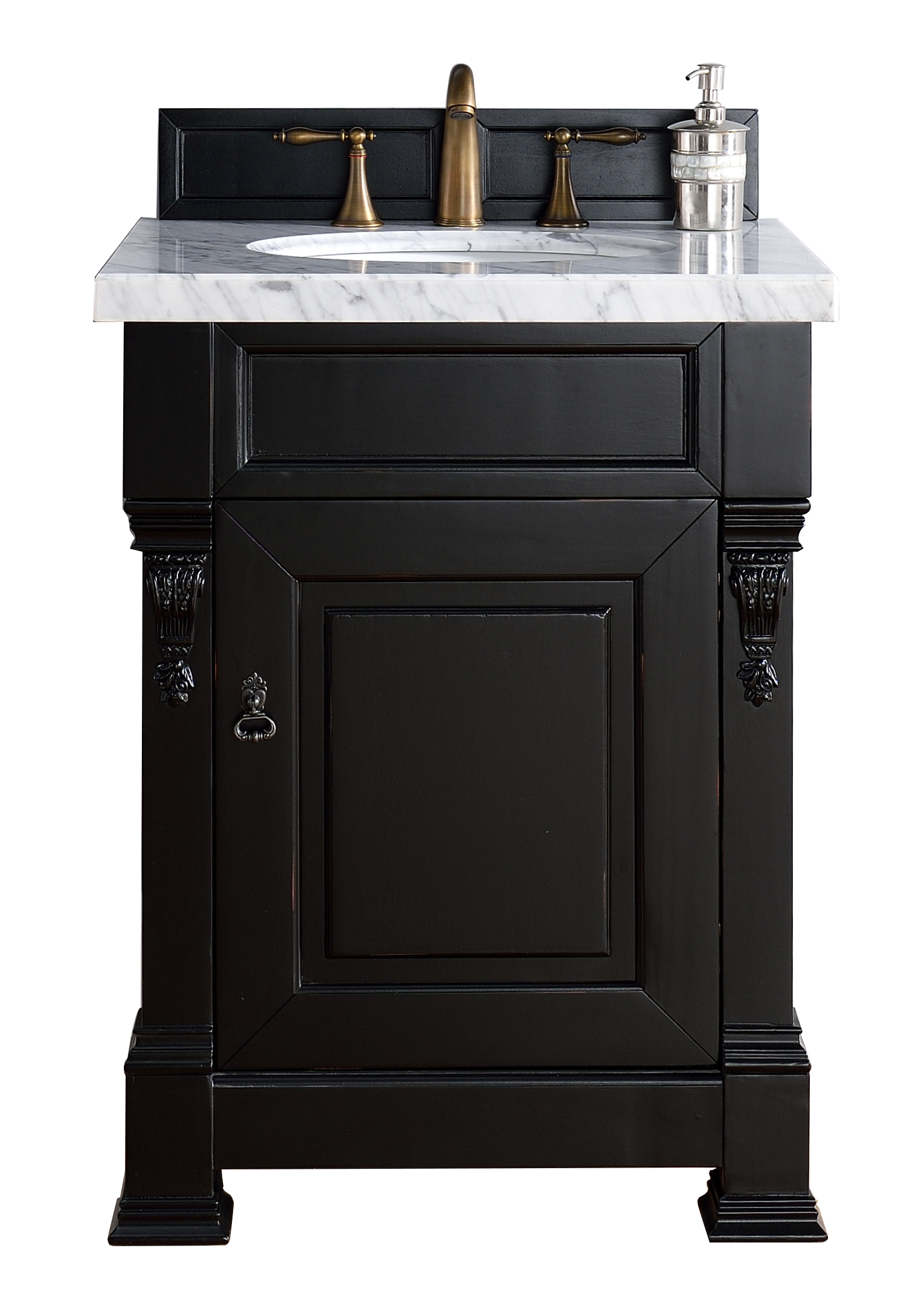 James Martin 147-114-V26-AQB-3AF Brookfield 26" Antique Black Single Vanity w/ 3 CM Arctic Fall Solid Surface Top