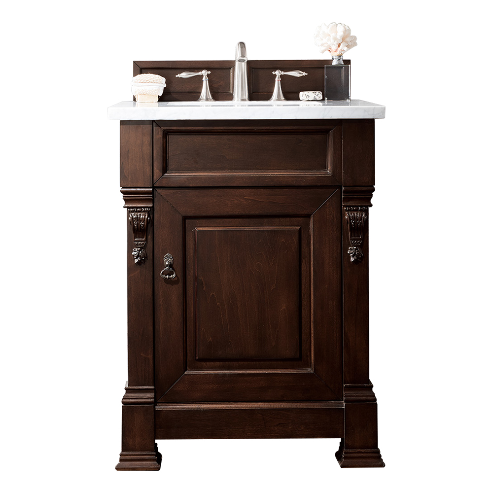 James Martin 147-114-V26-BNM-3CAR Brookfield 26" Burnished Mahogany Single Vanity w/ 3 CM Carrara Marble Top