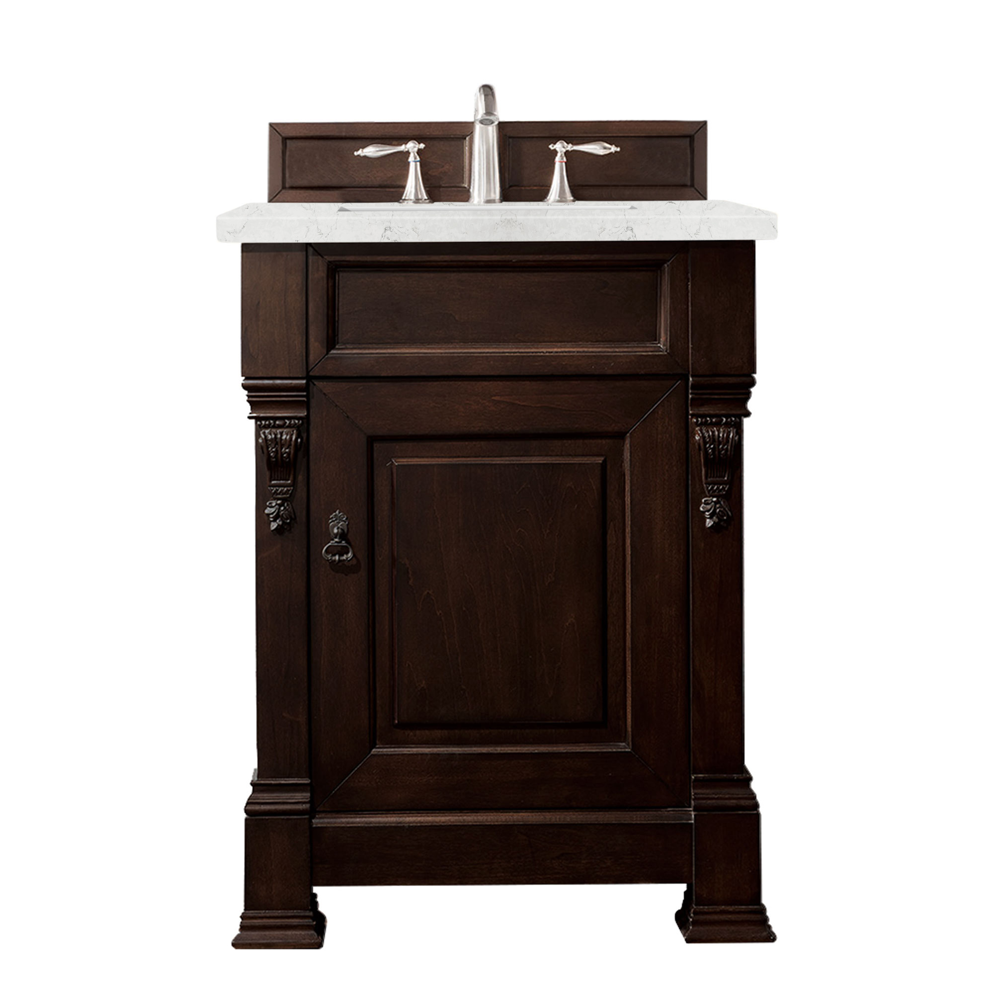 James Martin 147-114-V26-BNM-3EJP Brookfield 26" Burnished Mahogany Single Vanity w/ 3 CM Eternal Jasmine Pearl Quartz Top