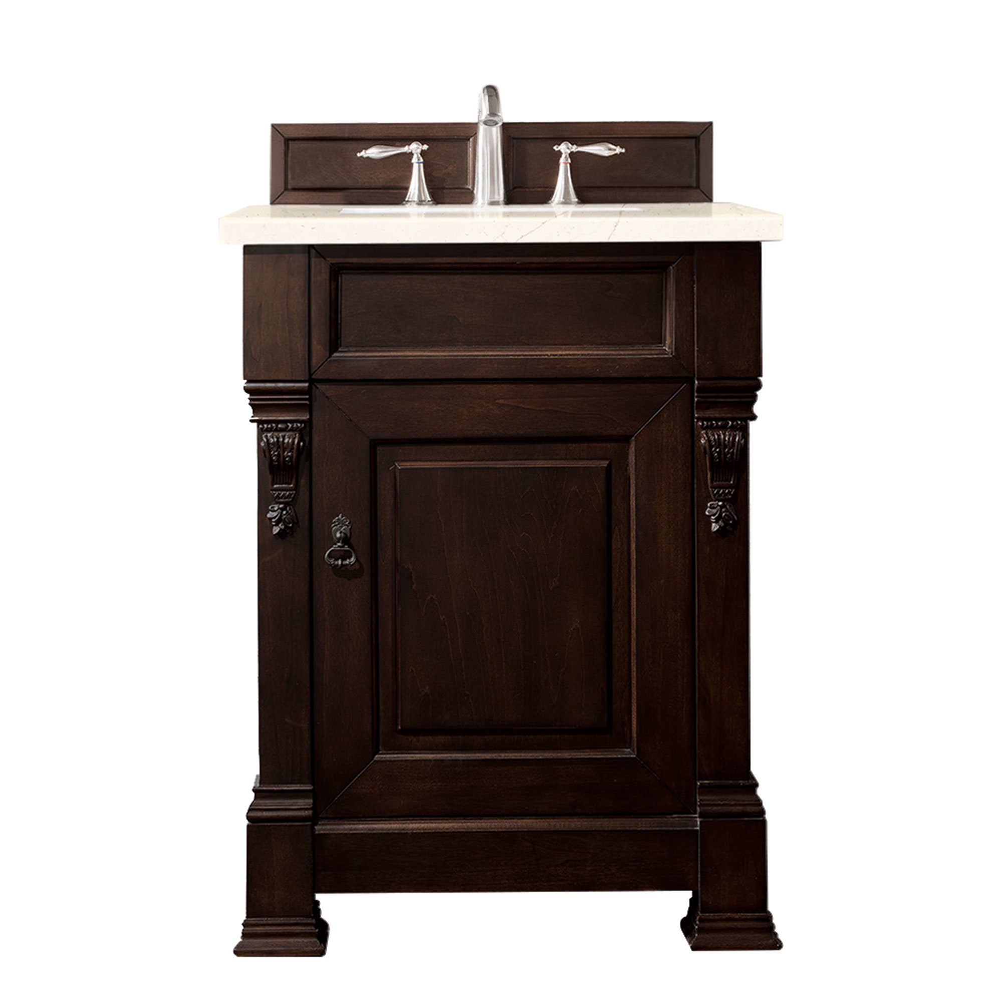 James Martin 147-114-V26-BNM-3EMR Brookfield 26" Burnished Mahogany Single Vanity w/ 3 CM Eternal Marfil Quartz Top