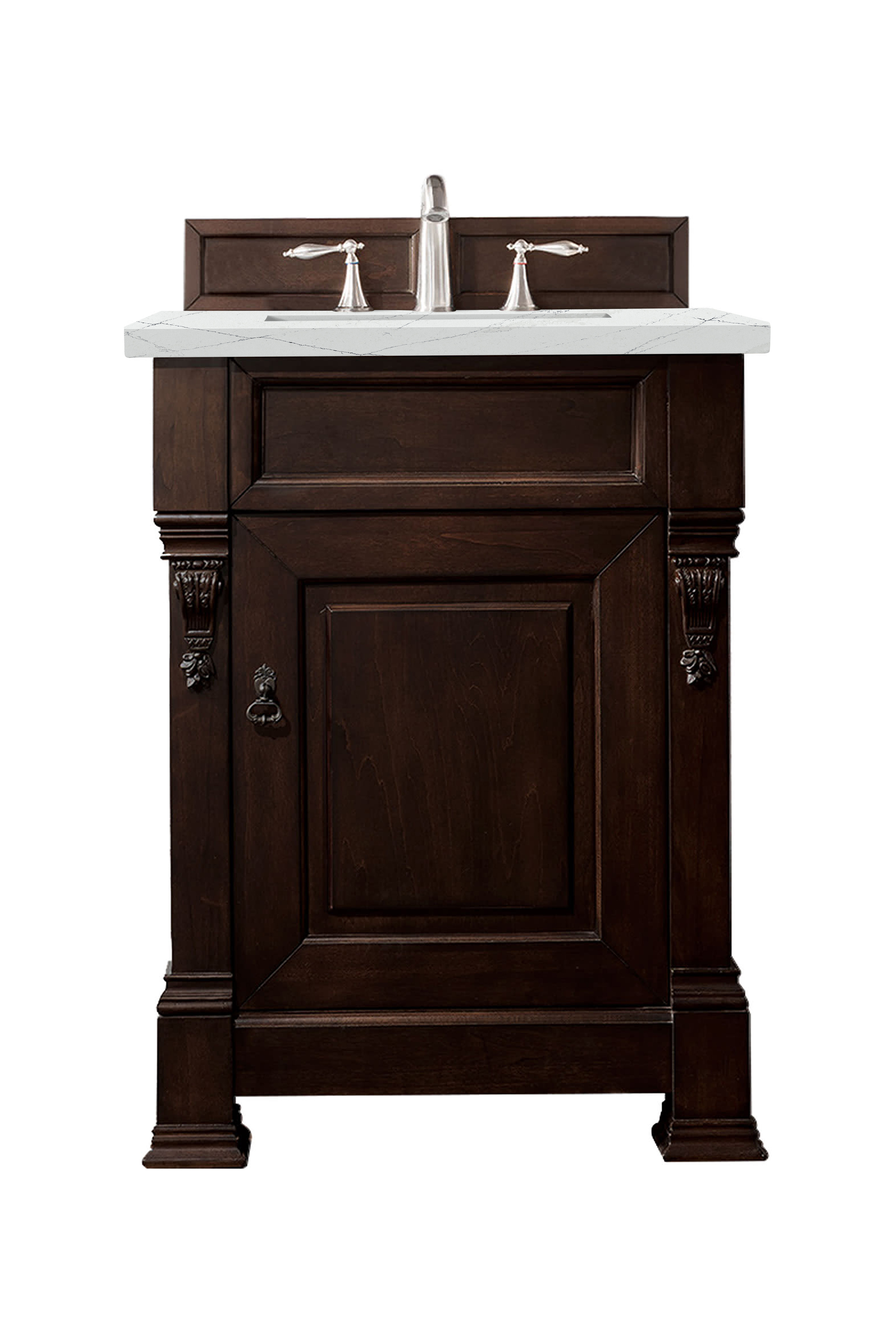 James Martin 147-114-V26-BNM-3ENC Brookfield 26" Burnished Mahogany Single Vanity w/ 3 CM Ethereal Noctis Quartz Top