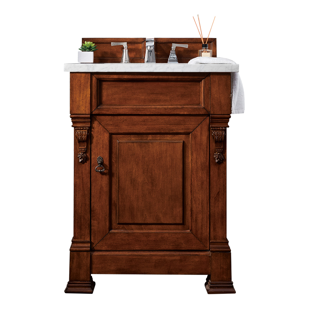 James Martin 147-114-V26-WCH-3AF Brookfield 26" Warm Cherry Single Vanity w/ 3 CM Arctic Fall Solid Surface Top