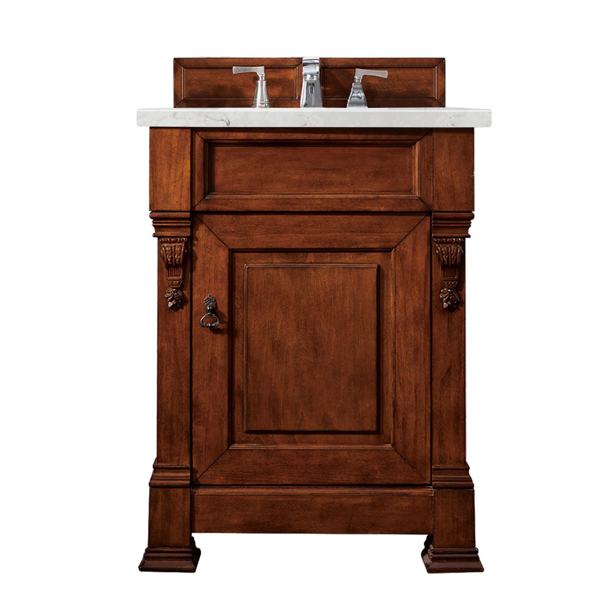 James Martin 147-114-V26-WCH-3EJP Brookfield 26" Warm Cherry Single Vanity w/ 3 CM Eternal Jasmine Pearl Quartz Top