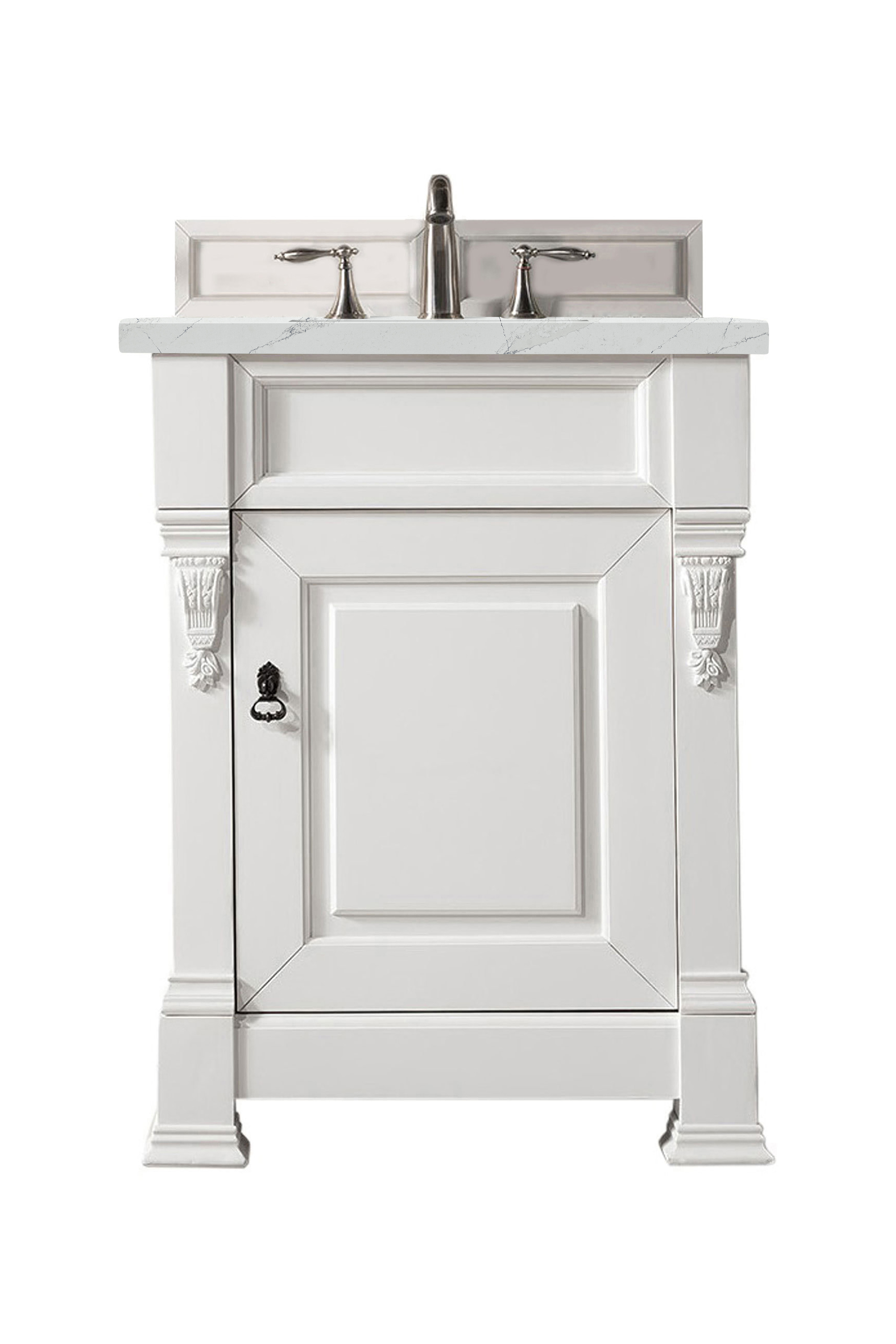 James Martin 147-V26-BW-3ENC Brookfield 26" Bright White Single Vanity w/ 3 CM Ethereal Noctis Quartz Top