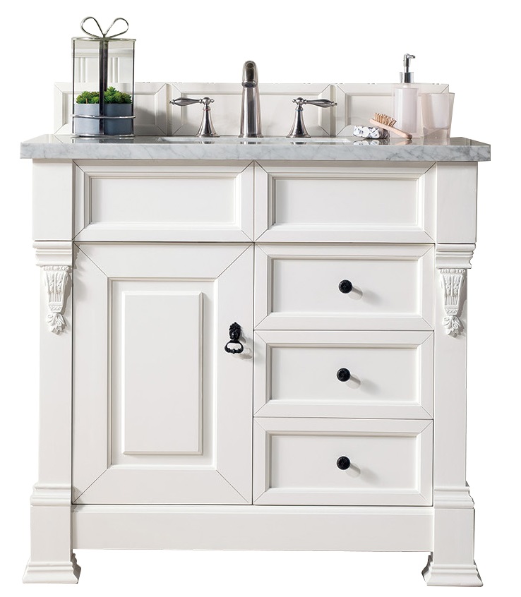 James Martin 147-V36-BW-3CAR Brookfield 36" Bright White Single Vanity w/ 3 CM Carrara Marble Top