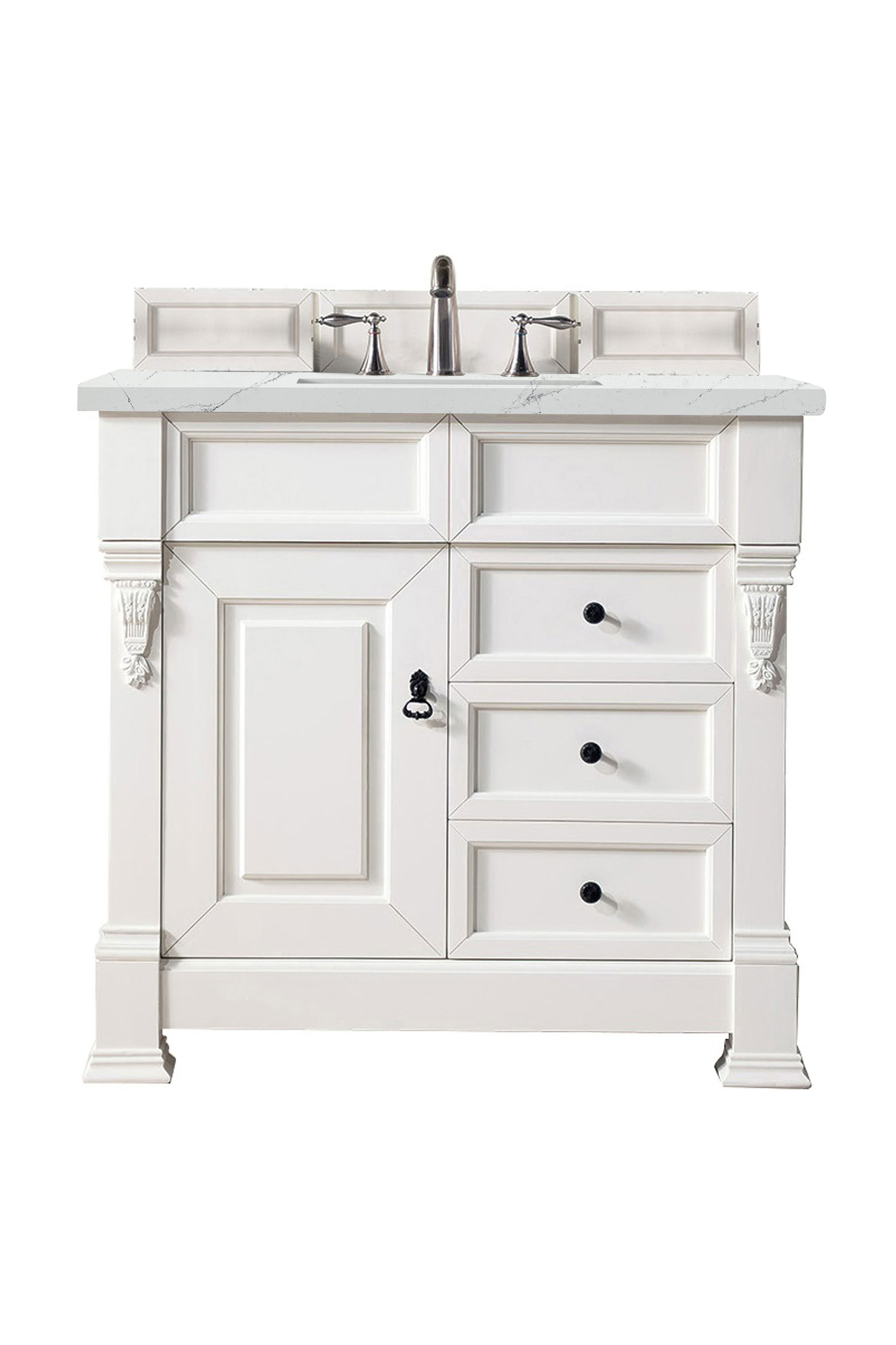 James Martin 147-V36-BW-3ENC Brookfield 36" Bright White Single Vanity w/ 3 CM Ethereal Noctis Quartz Top