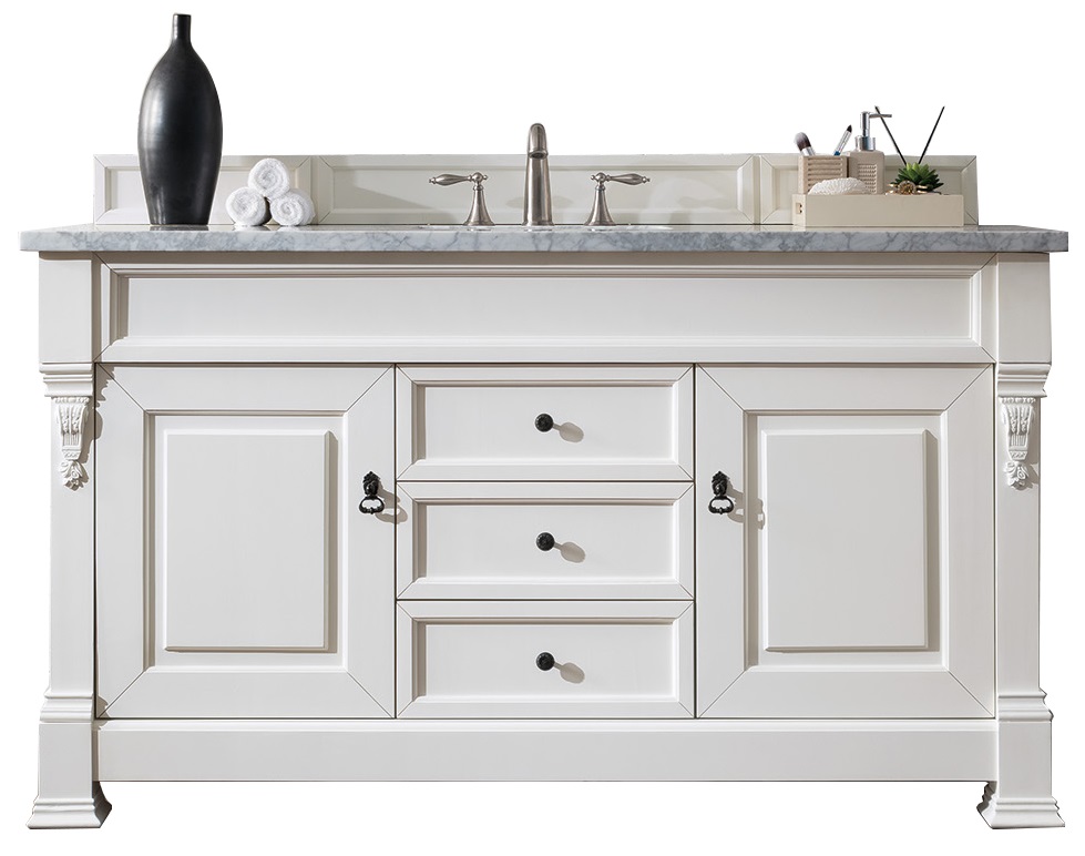 James Martin 147-V60S-BW-3CAR Brookfield 60" Bright White Single Vanity w/ 3 CM Carrara Marble Top