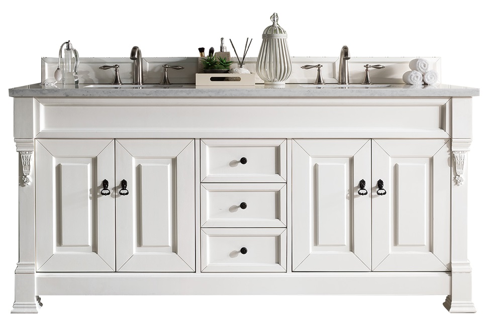 James Martin 147-V72-BW-3CAR Brookfield 72" Bright White Double Vanity w/ 3 CM Carrara Marble Top