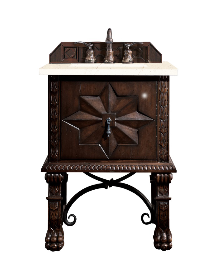 James Martin 150-V26-ANW-3EMR Balmoral 26" Single Vanity Cabinet, Antique Walnut, w/ 3 CM Eternal Marfil Quartz Top